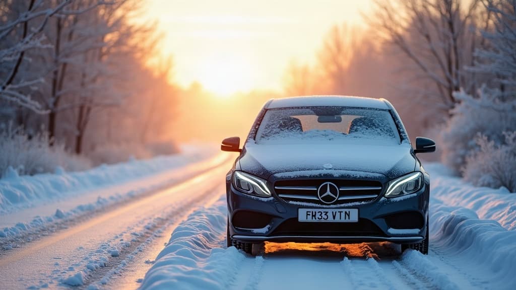 Automobilis apsnigtame kelyje šaltais rytais