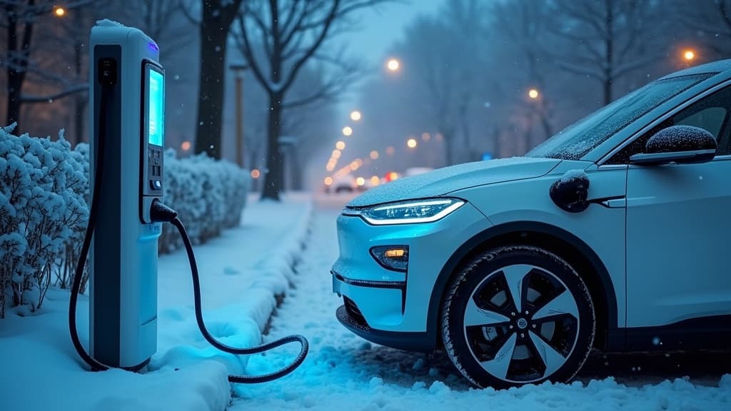 Elektrinis automobilis įkrovimo stotelėje žiemą